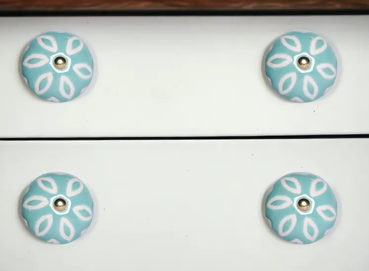 Set of Twelve Aqua And White Geometric Ceramic Drawer Pull Knobs