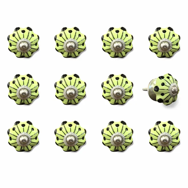 Set of Twelve Yellow Green And Silver Floral Ceramic Drawer Pull Knobs
