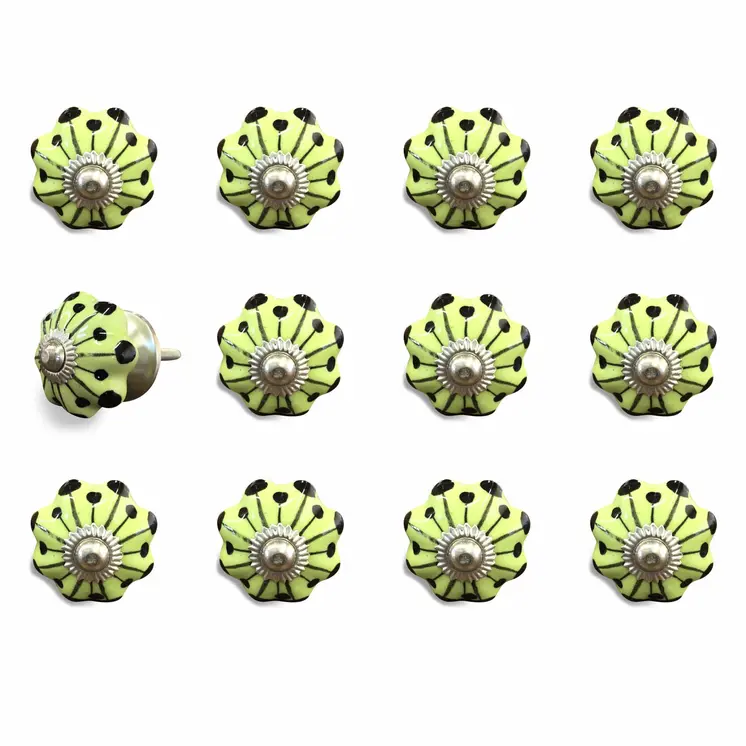 Set of Twelve Yellow Green And Silver Floral Ceramic Drawer Pull Knobs