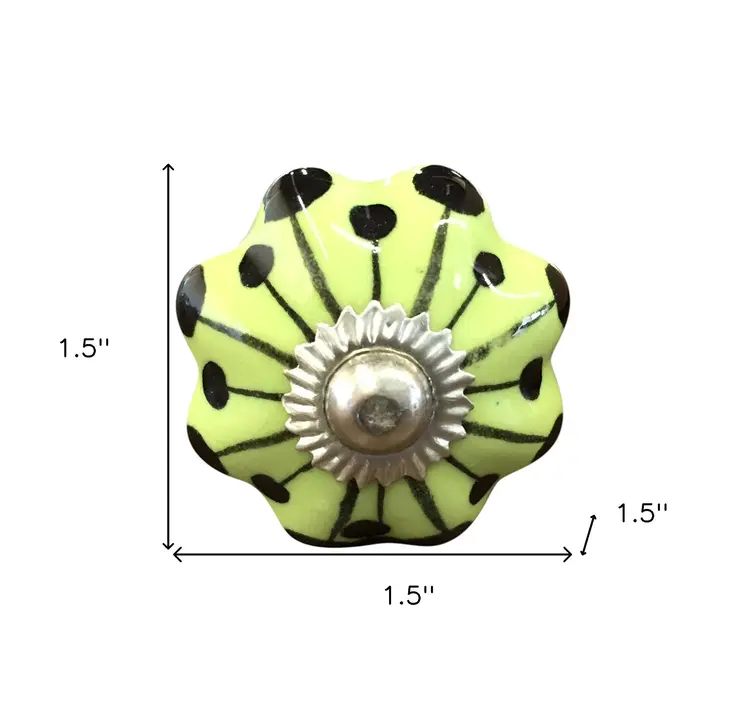 Set of Twelve Yellow Green And Silver Floral Ceramic Drawer Pull Knobs