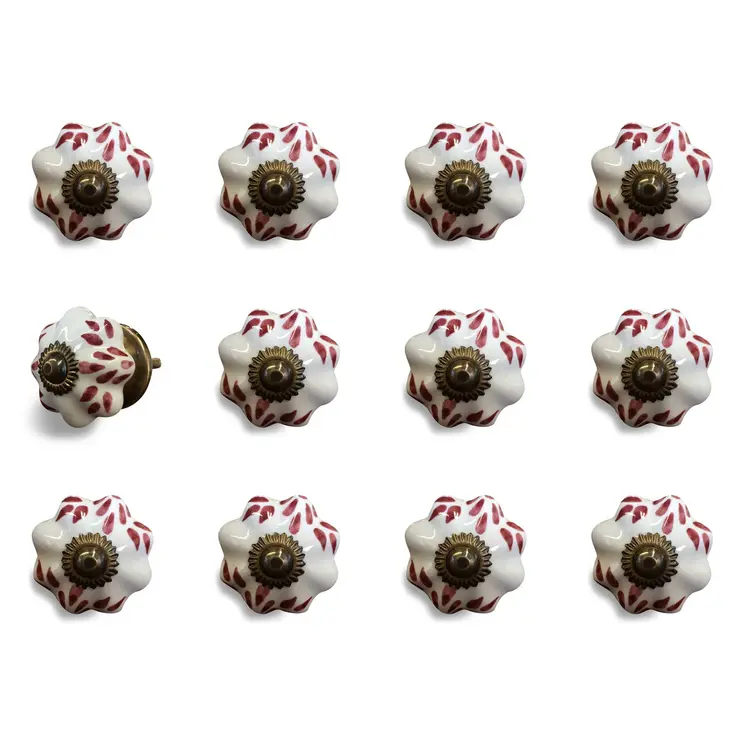 Set of Twelve Burgundy White And Copper Floral Ceramic Drawer Pull Knobs