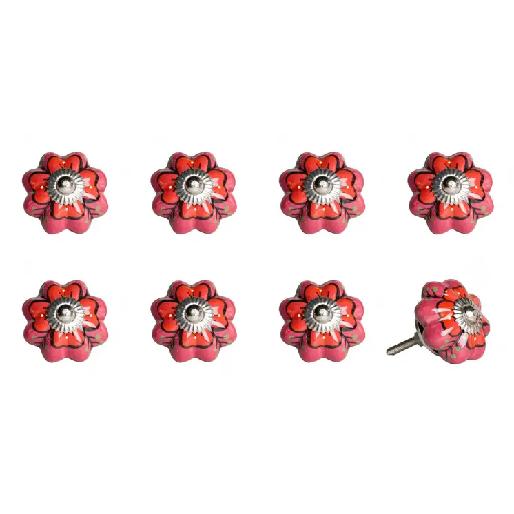 Set of Eight Red Pink And Green Floral Ceramic Drawer Pull Knobs