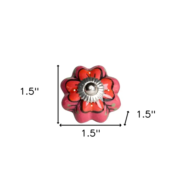 Set of Eight Red Pink And Green Floral Ceramic Drawer Pull Knobs