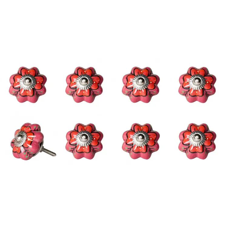 Set of Eight Red Pink And Green Floral Ceramic Drawer Pull Knobs