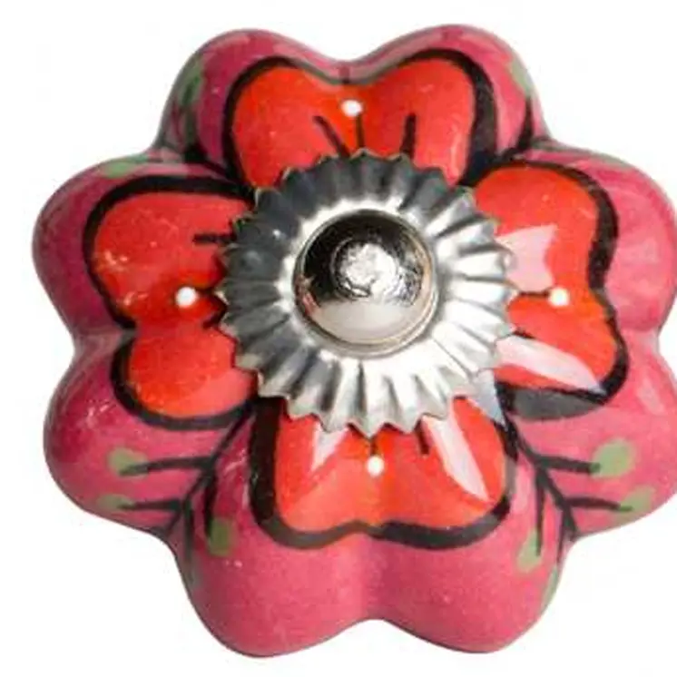 Set of Eight Red Pink And Green Floral Ceramic Drawer Pull Knobs