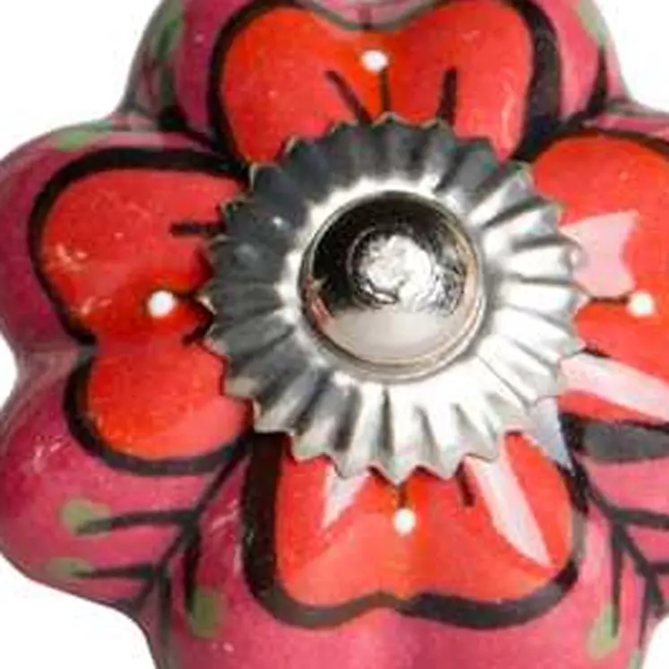 Set of Eight Red Pink And Green Floral Ceramic Drawer Pull Knobs