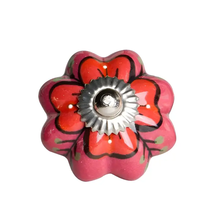 Set of Eight Red Pink And Green Floral Ceramic Drawer Pull Knobs