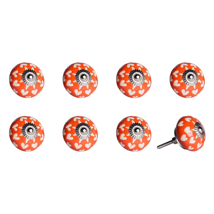 Set of Eight Orange White And Silver Floral Ceramic Drawer Pull Knobs