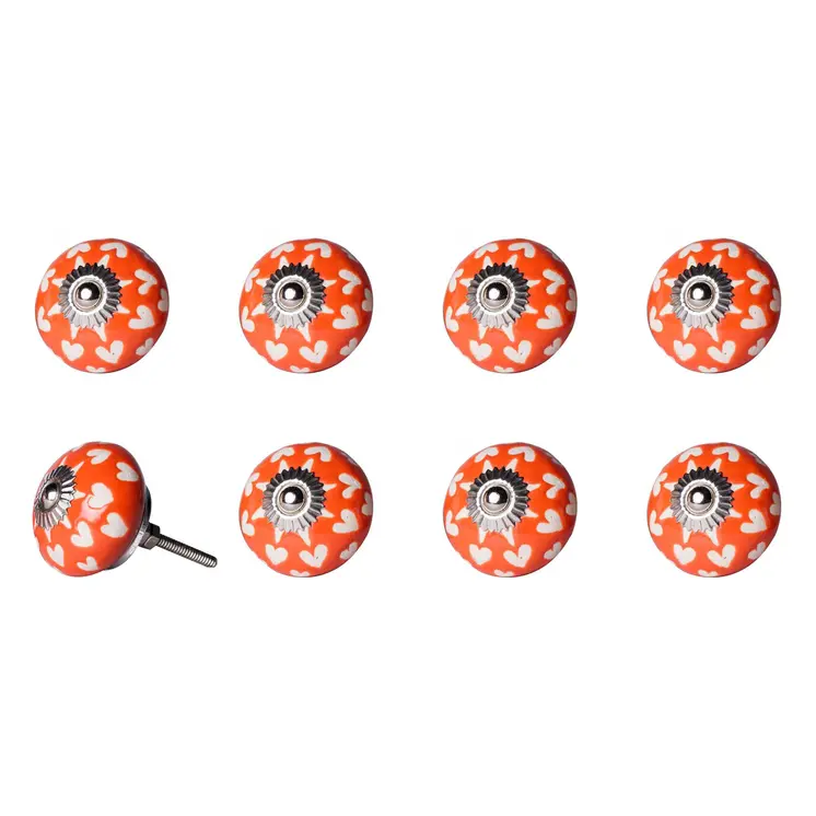 Set of Eight Orange White And Silver Floral Ceramic Drawer Pull Knobs