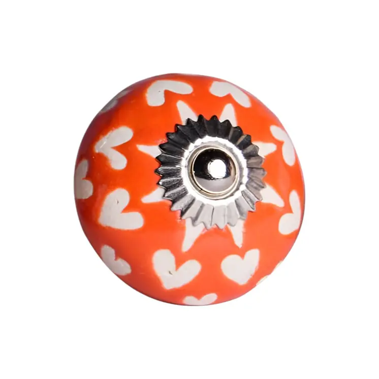 Set of Eight Orange White And Silver Floral Ceramic Drawer Pull Knobs