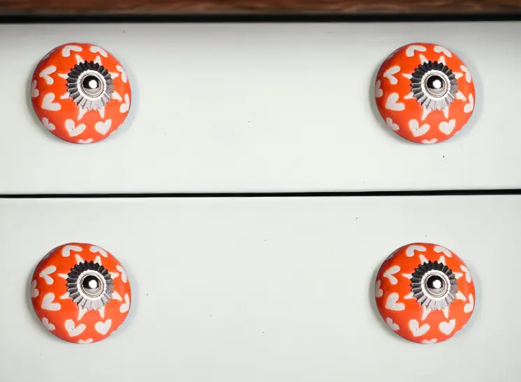 Set of Eight Orange White And Silver Floral Ceramic Drawer Pull Knobs