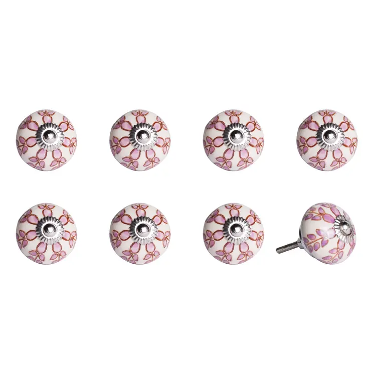 Set of Eight Pink And White Ceramic Drawer Pull Knobs