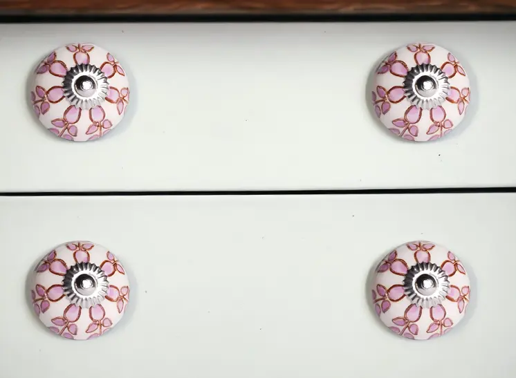 Set of Eight Pink And White Ceramic Drawer Pull Knobs