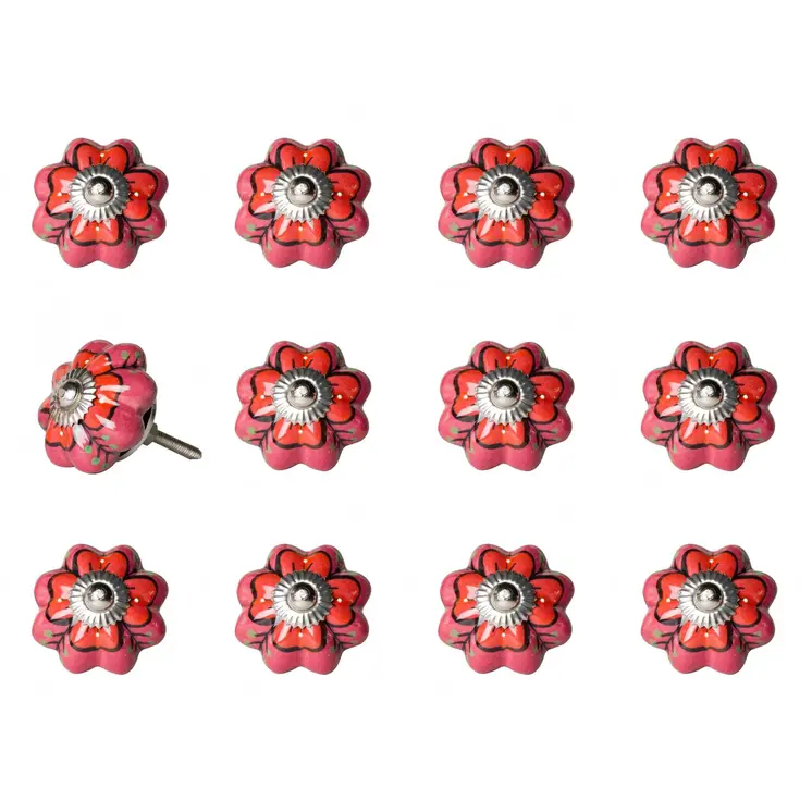 Set of Twelve Red Pink And Green Floral Ceramic Drawer Pull Knobs