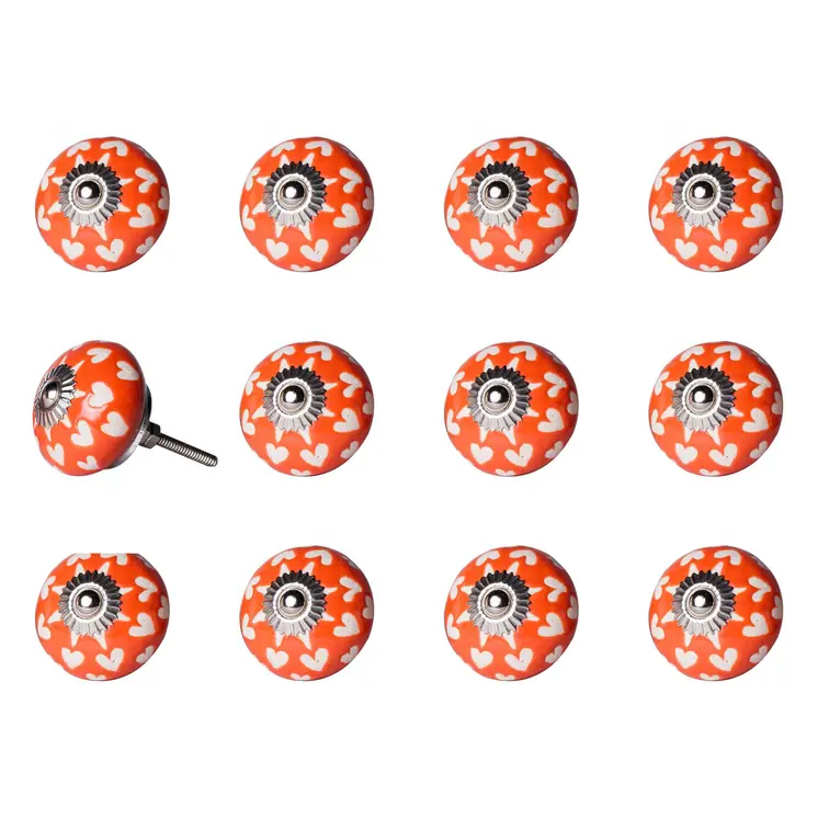 Set of Twelve Orange White And Silver Floral Ceramic Drawer Pull Knobs