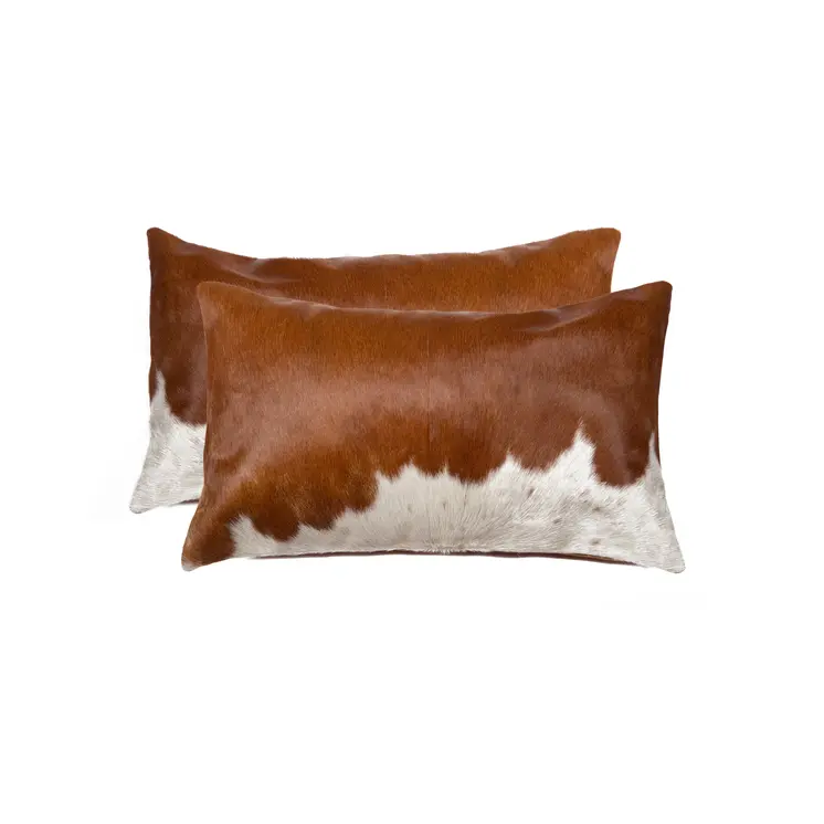 Set of Two 12" X 20" Brown and White Cowhide Throw Pillows
