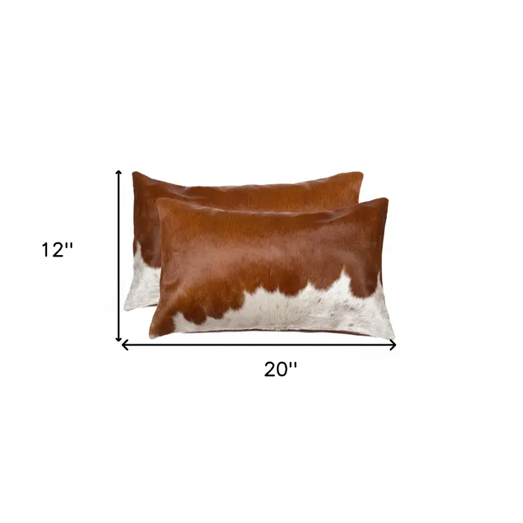 Set of Two 12" X 20" Brown and White Cowhide Throw Pillows