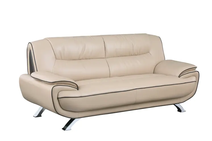 80" Beige Leather Sofa With Silver Legs