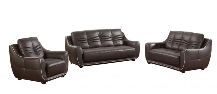 Three Piece Indoor Brown Genuine Leather Six Person Seating Set