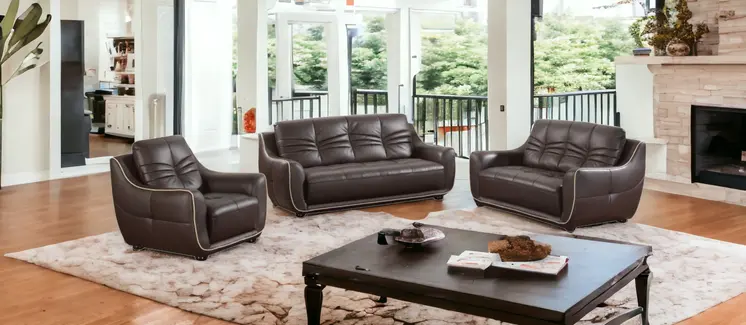 Three Piece Indoor Brown Genuine Leather Six Person Seating Set