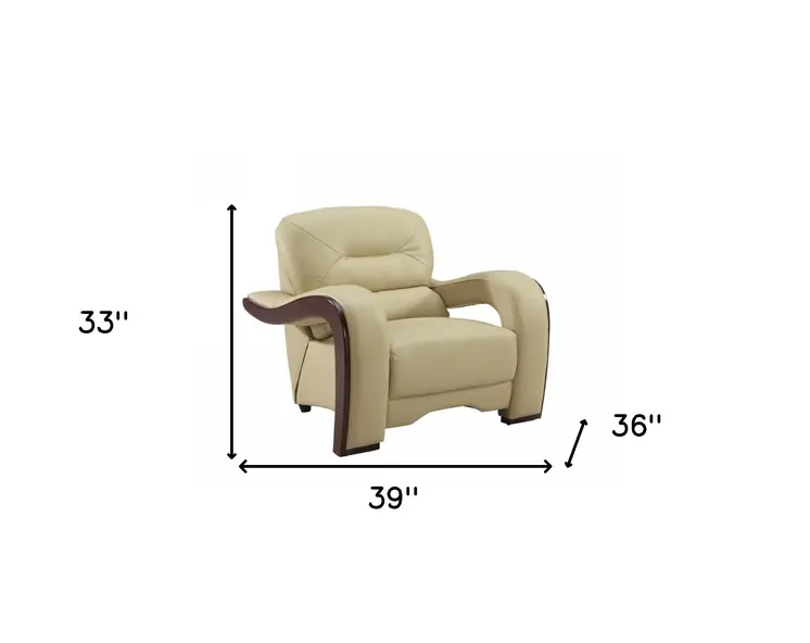 39" Beige and Brown Leather Arm Chair