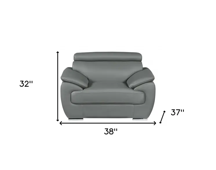 38" Gray And Silver Genuine Leather Chair and a Half