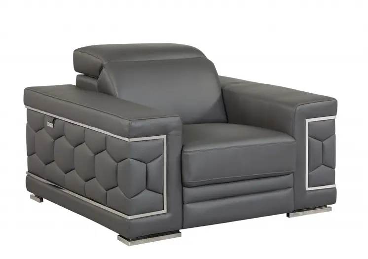 47" Dark Gray And Silver Genuine Leather Arm Chair
