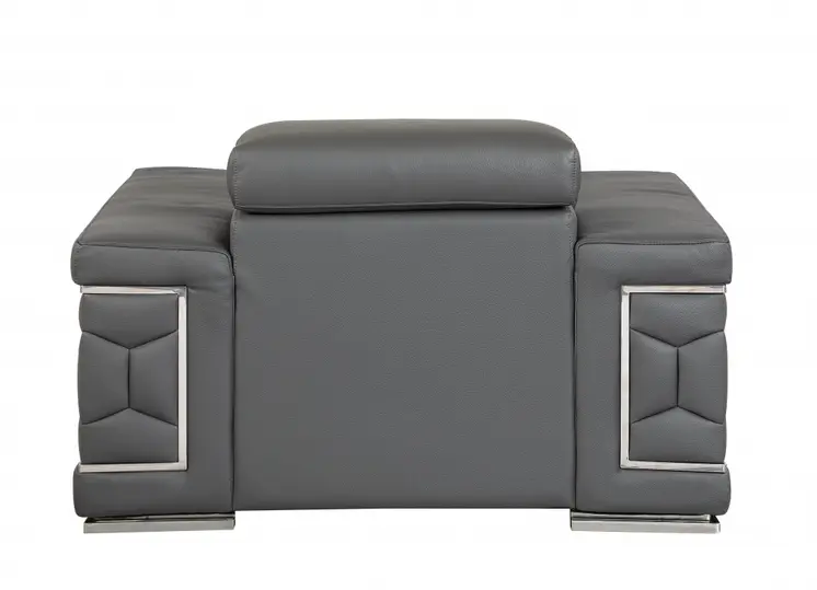 47" Dark Gray And Silver Genuine Leather Arm Chair