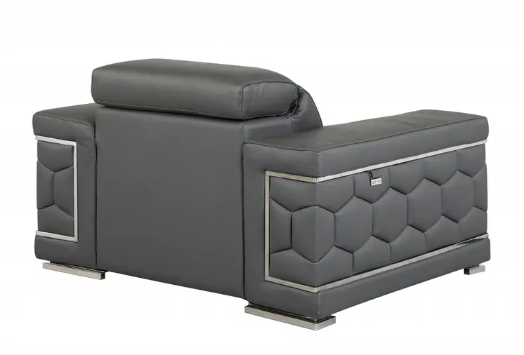 47" Dark Gray And Silver Genuine Leather Arm Chair
