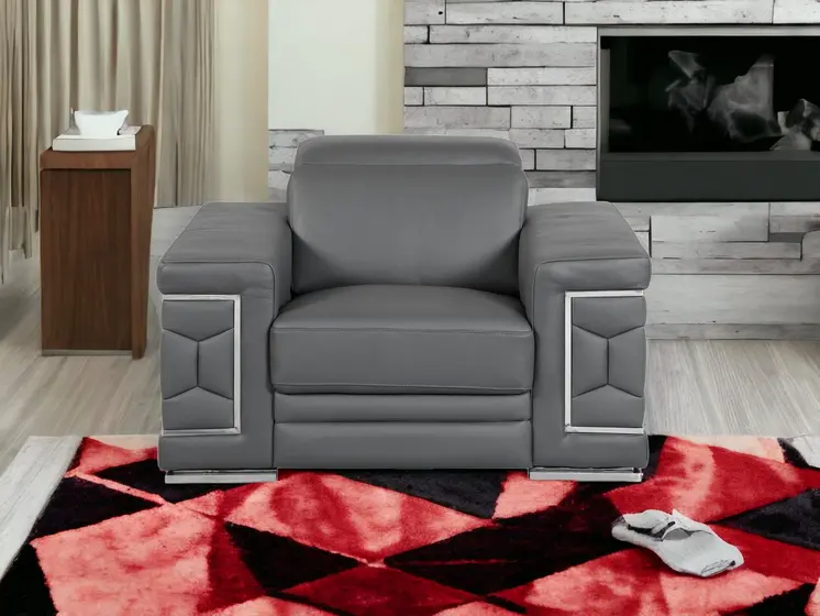 47" Dark Gray And Silver Genuine Leather Arm Chair