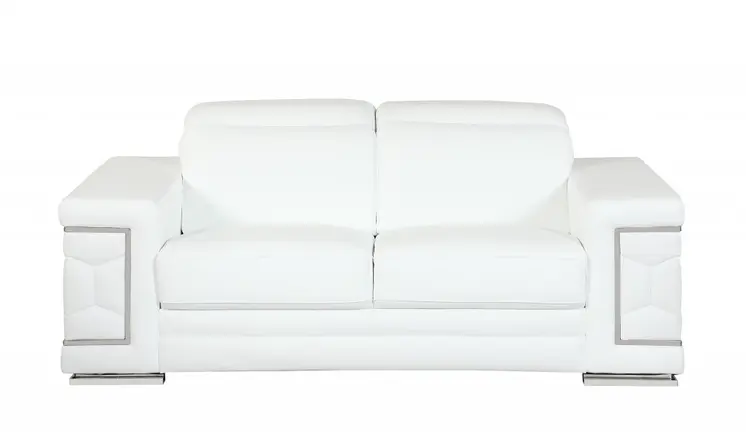 71" White Italian Leather Sofa With Silver Legs