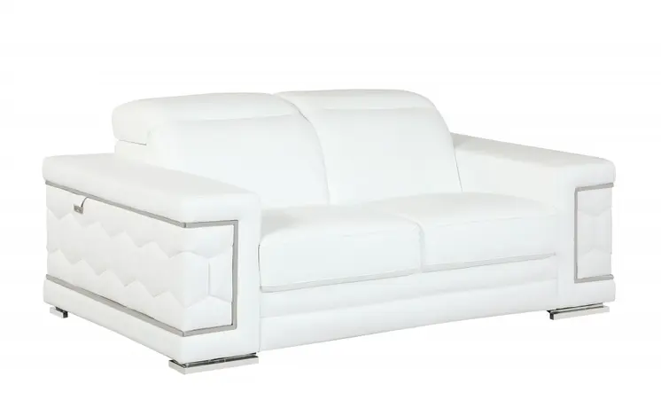 71" White Italian Leather Sofa With Silver Legs