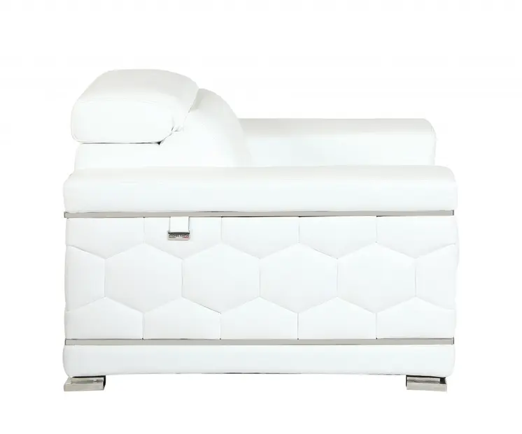 47" White And Silver Genuine Leather Arm Chair