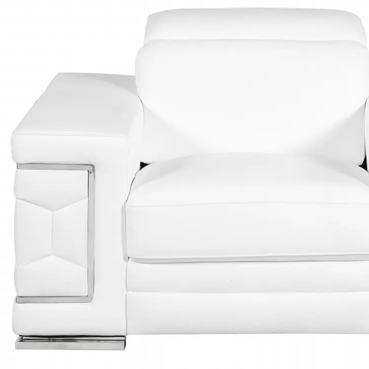 47" White And Silver Genuine Leather Arm Chair