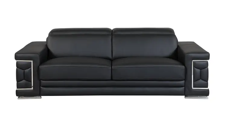 89" Black Italian Leather Sofa With Silver Legs