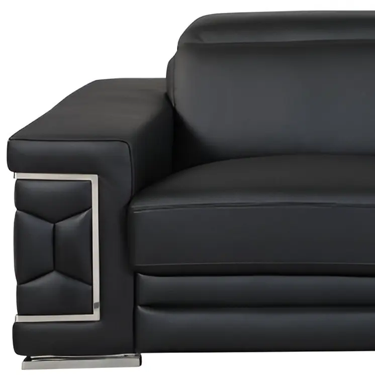89" Black Italian Leather Sofa With Silver Legs