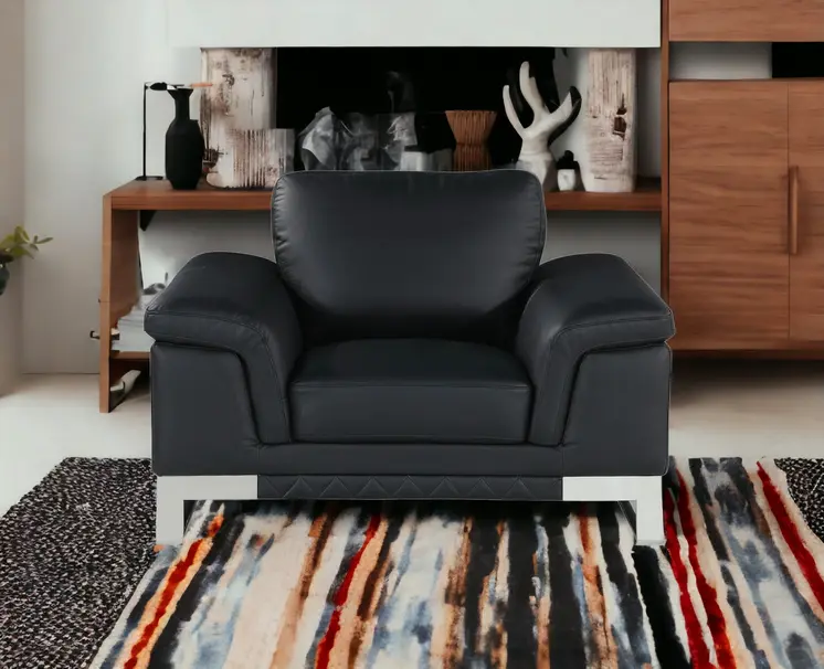 49" Black And Silver Genuine Leather Arm Chair
