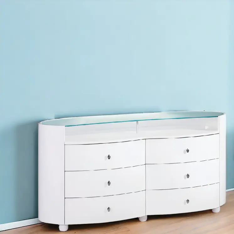 63" White Wood Six Drawer Double Dresser