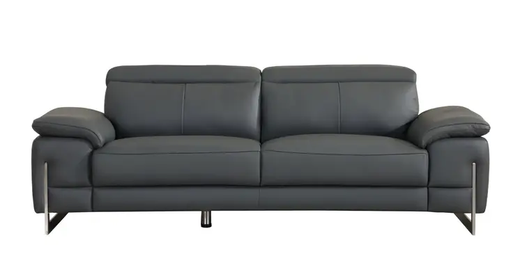 87" Dark Gray Italian Leather Sofa With Silver Legs