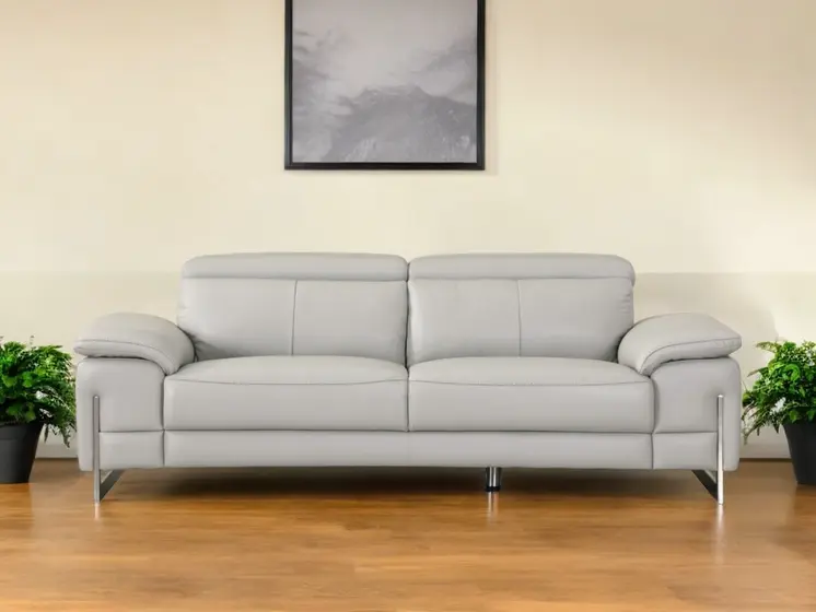 87" Light Gray Italian Leather Sofa With Silver Legs