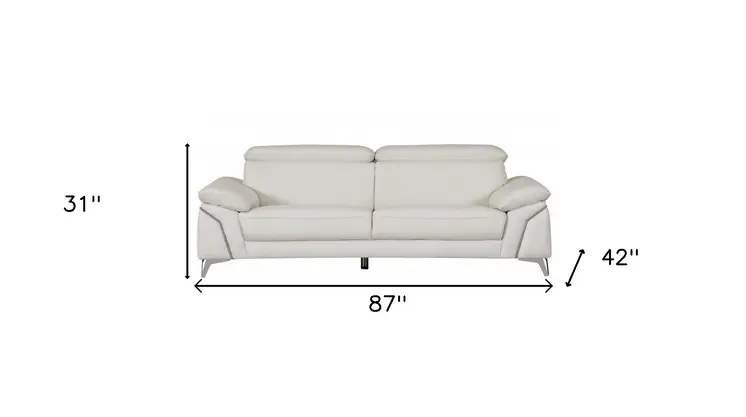 87" White Italian Leather Sofa With Silver Legs