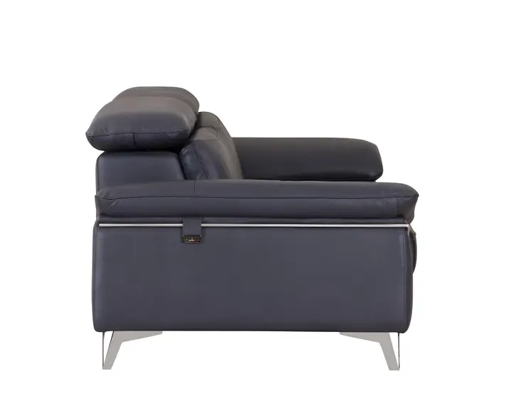 87" Blue Italian Leather Sofa With Silver Legs