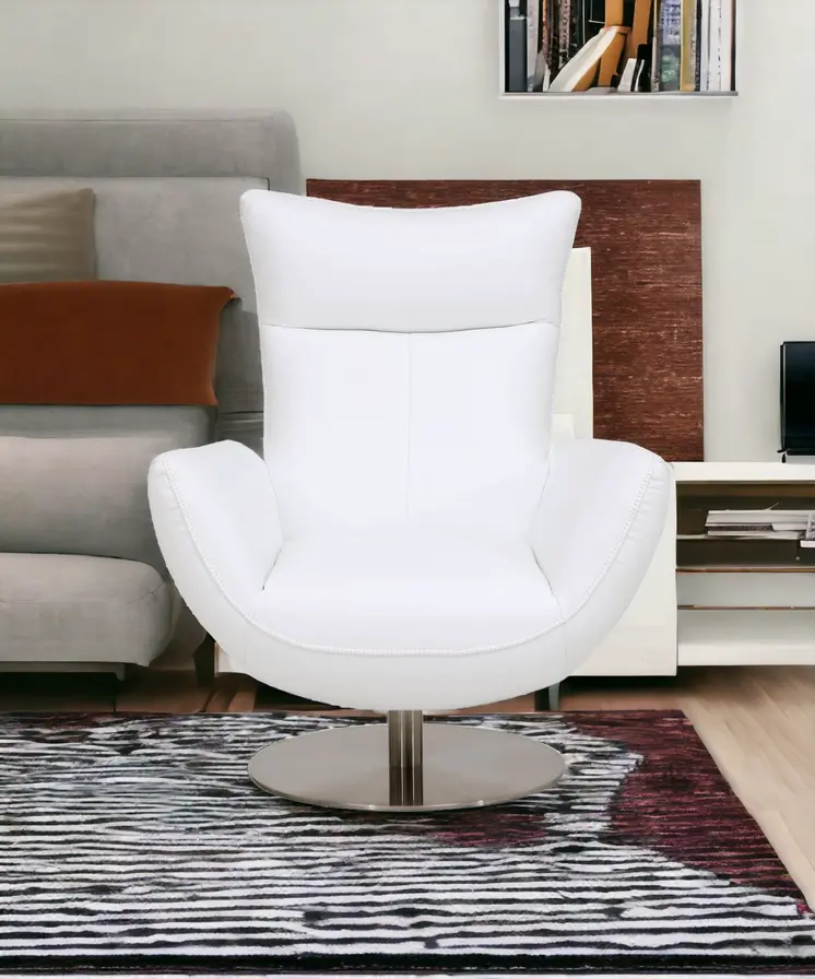 37" White And Silver Genuine Leather Lounge Chair