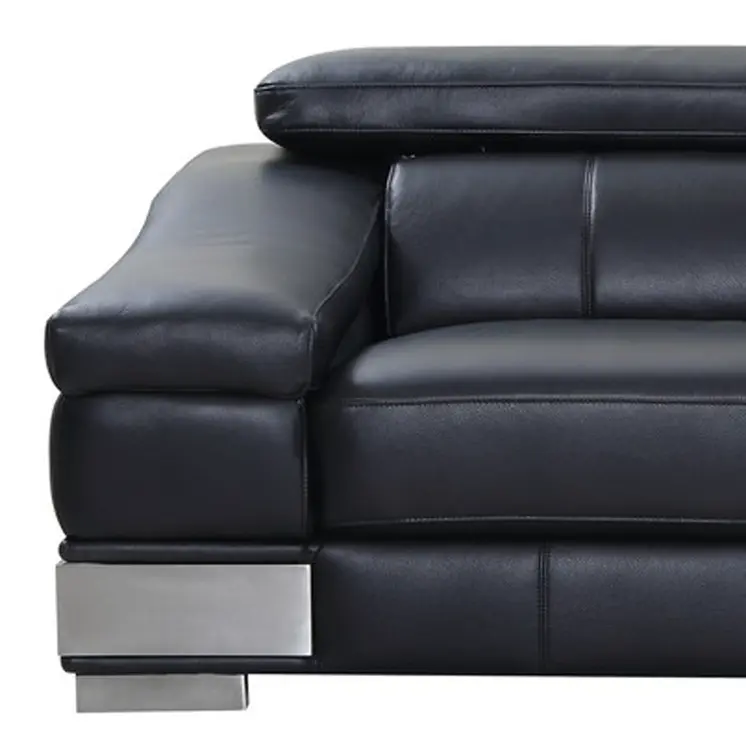 92" Black Italian Leather Sofa With Silver Legs
