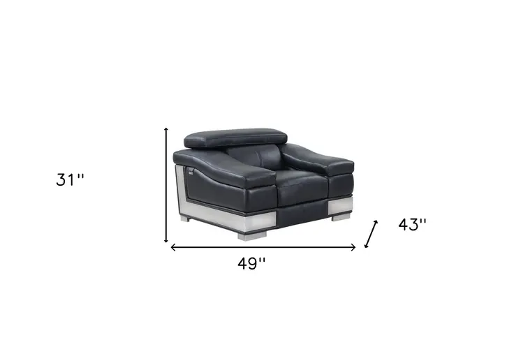49" Black And Silver Genuine Leather Arm Chair