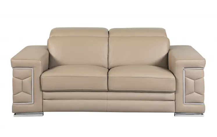 71" Beige And Silver Genuine Leather Love Seat
