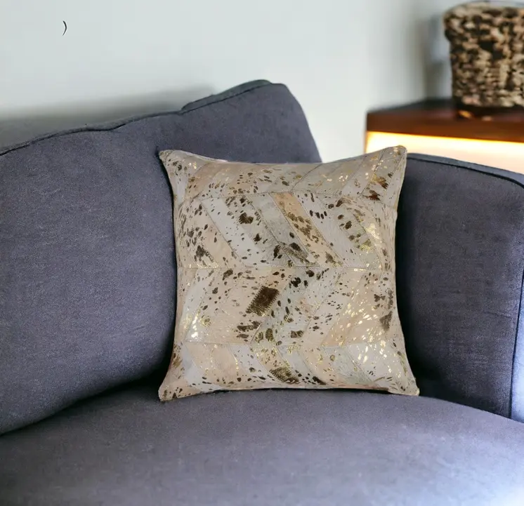 18" Natural And Gold Cowhide Throw Pillow