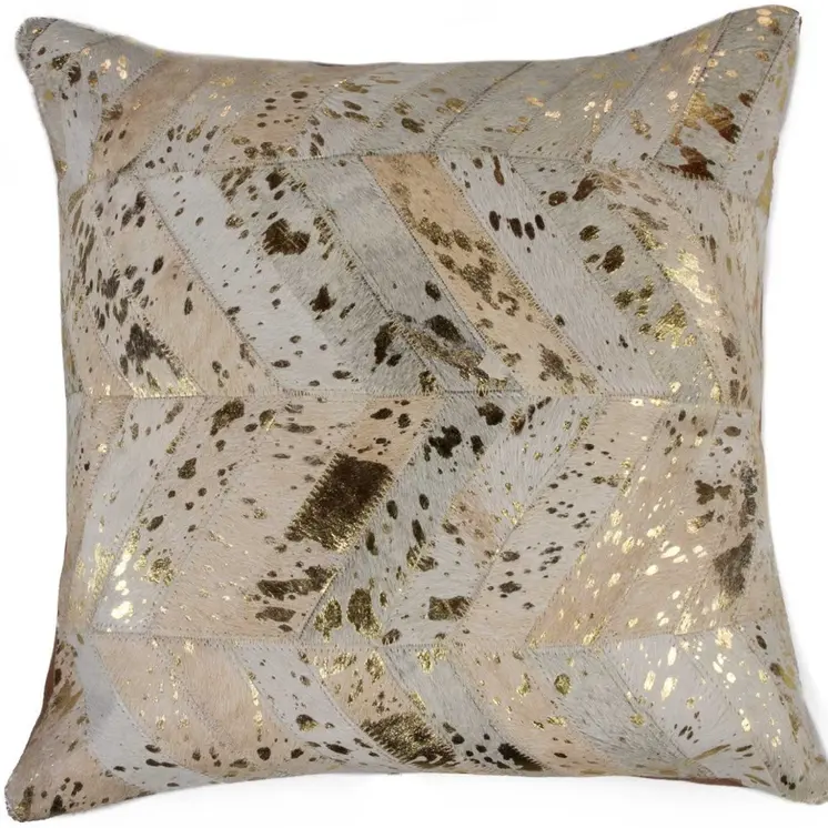 18" Natural And Gold Cowhide Throw Pillow