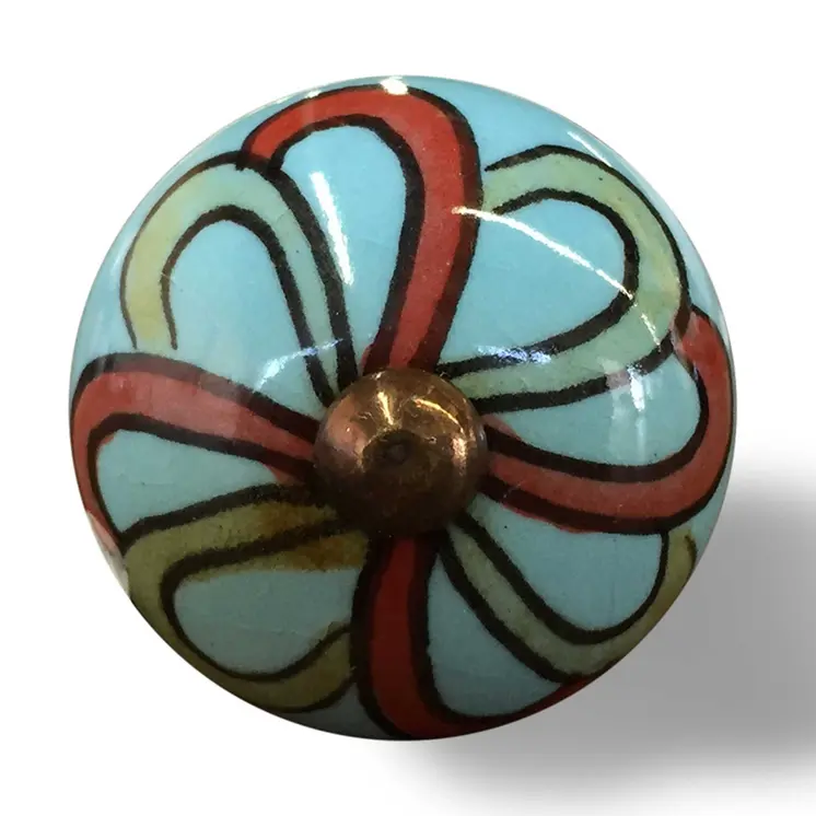 Set of Eight Turquoise And Red Geometric Ceramic Drawer Pull Knobs