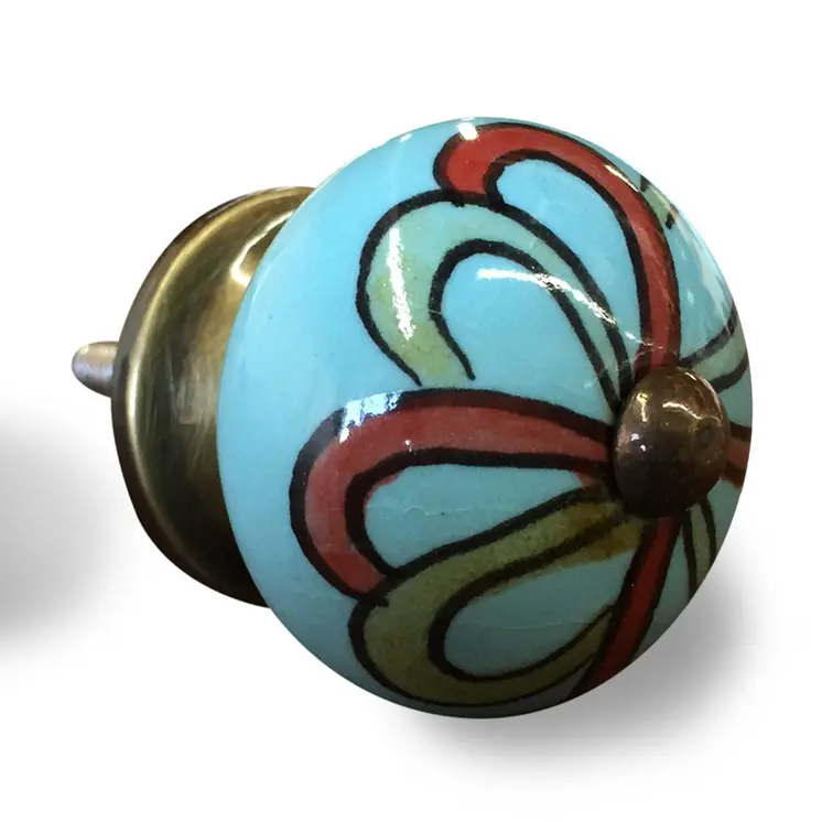 Set of Eight Turquoise And Red Geometric Ceramic Drawer Pull Knobs